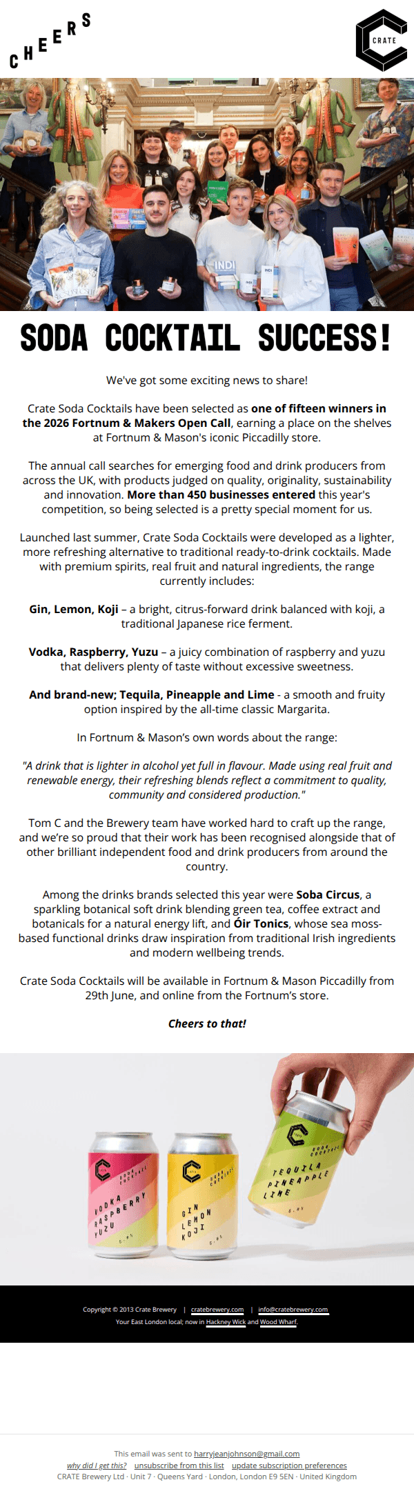 Crate Soda Cocktails to land on Fortnum & Mason shelves!