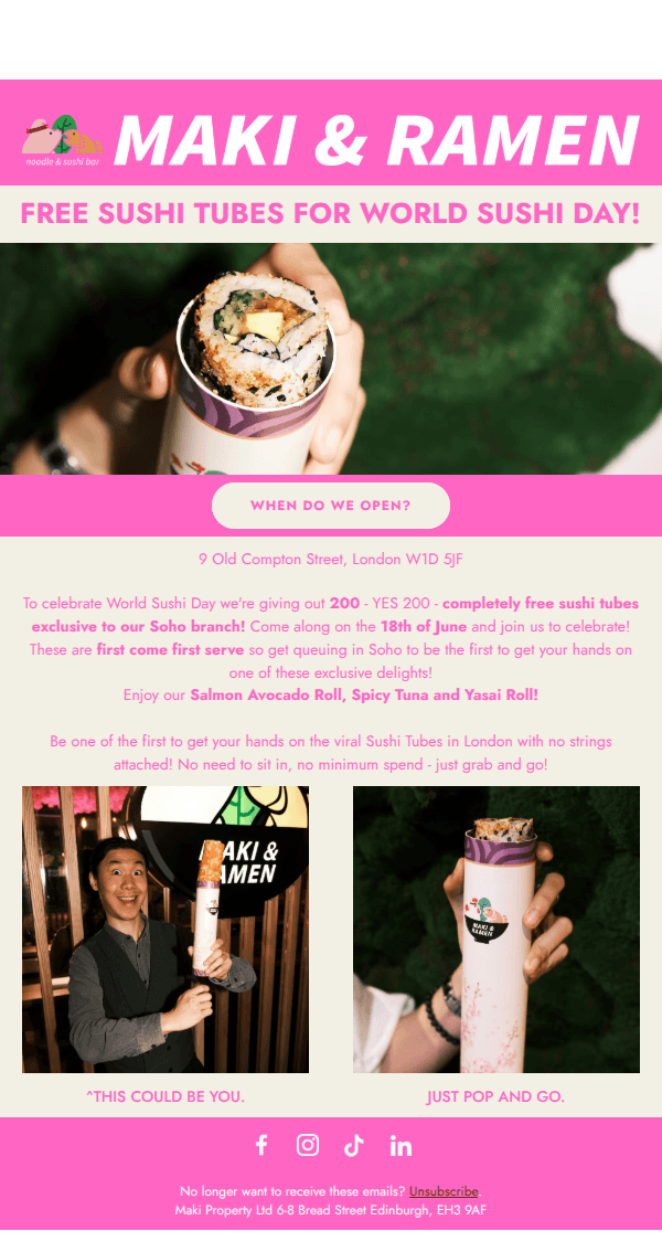 FREE SUSHI TUBES IN LONDON