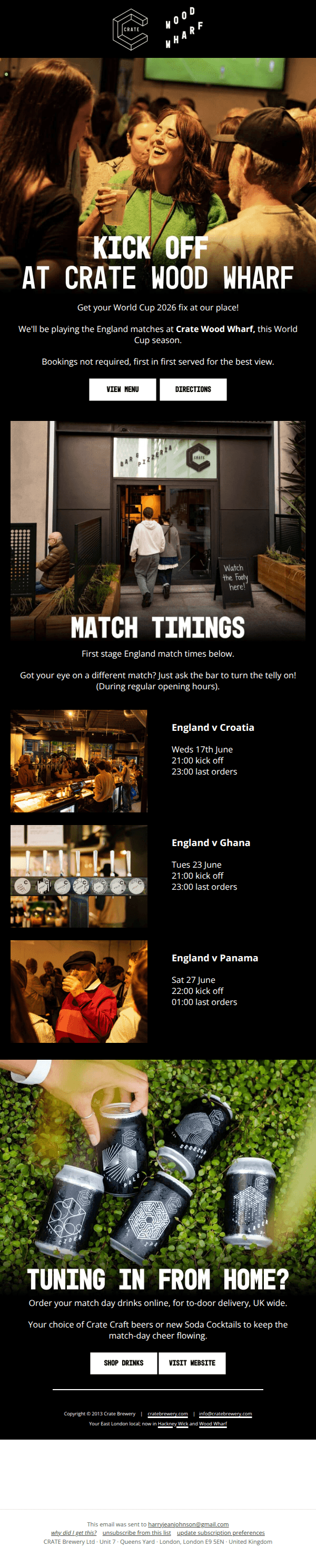 Catch the World Cup at Crate Wood Wharf!