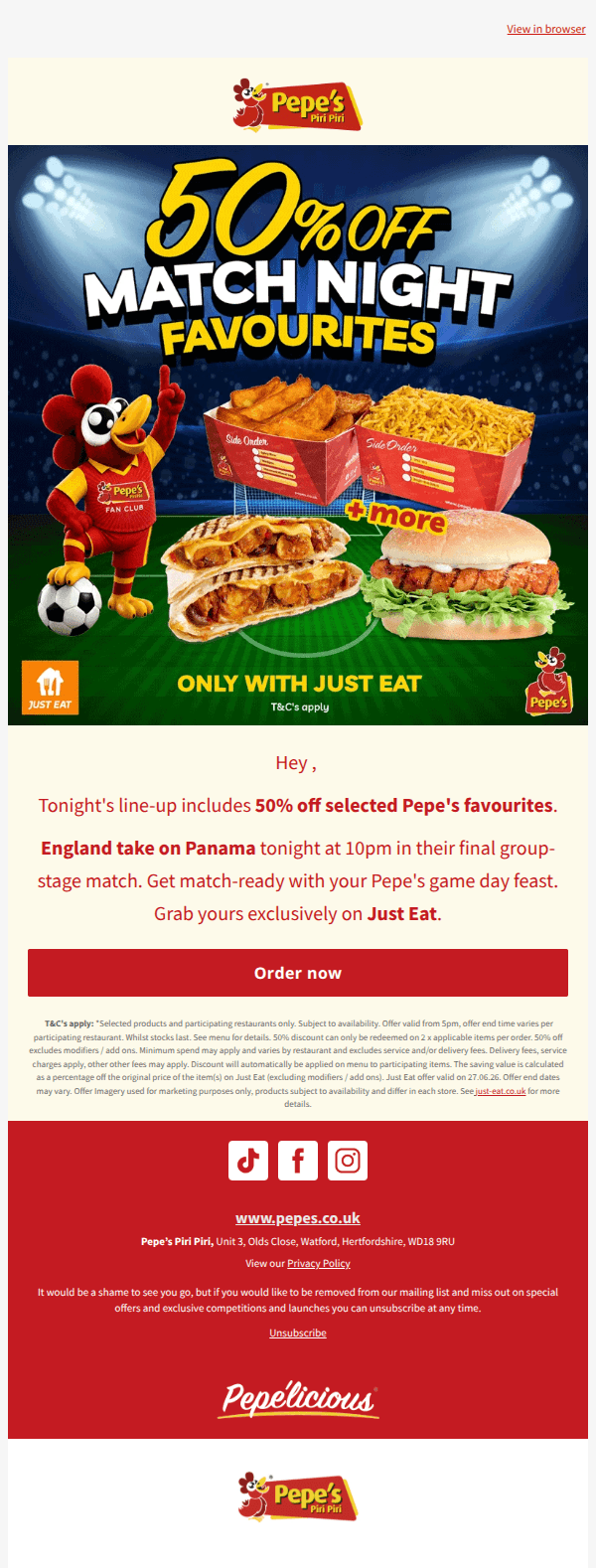 ⚽ Score 50% Off Pepe's for tonight's Match ⚽