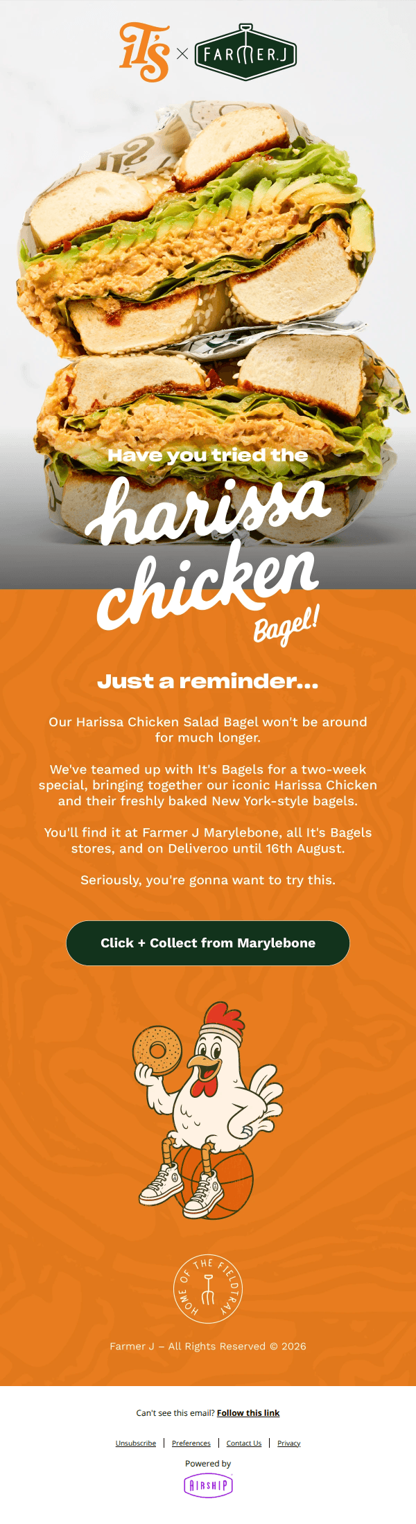 Have you tried the Harissa Chicken Bagel yet? 🥯