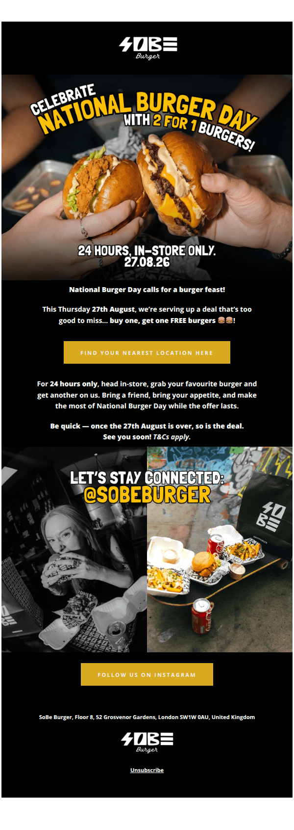 🚨 Enjoy buy one, get one FREE burgers, this thursday! 🍔🍔