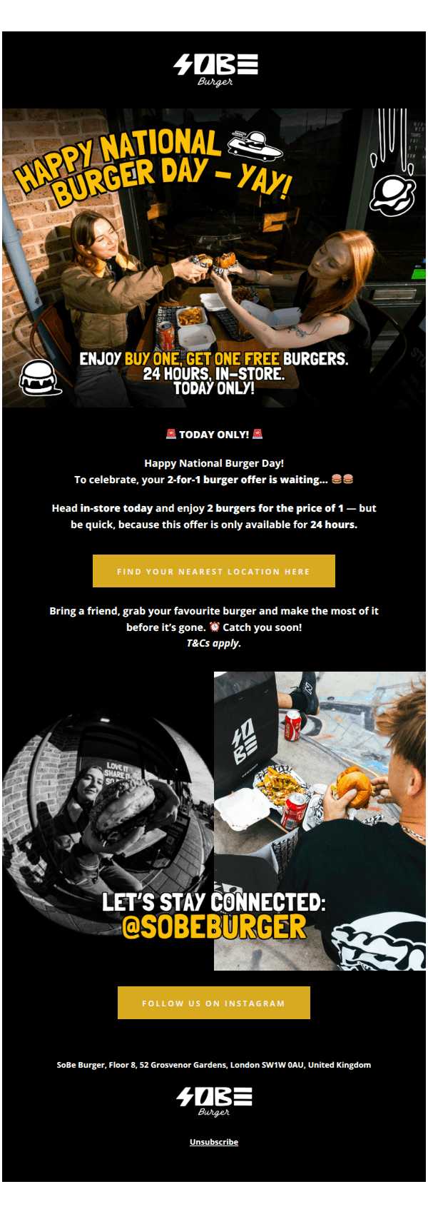 ⏰ 24hrs only: buy one, get one FREE burger today! 🍔🍔