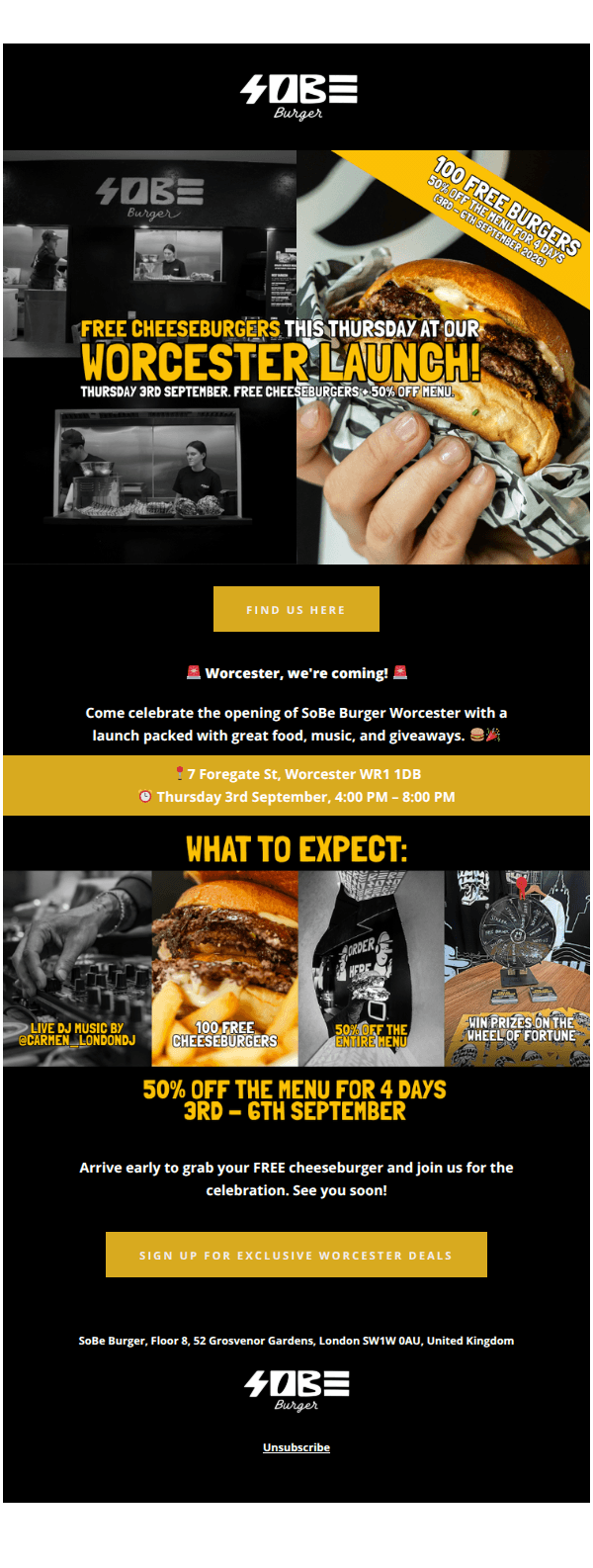This Thursday at Worcester: FREE cheeseburgers + 50% OFF launch menu!