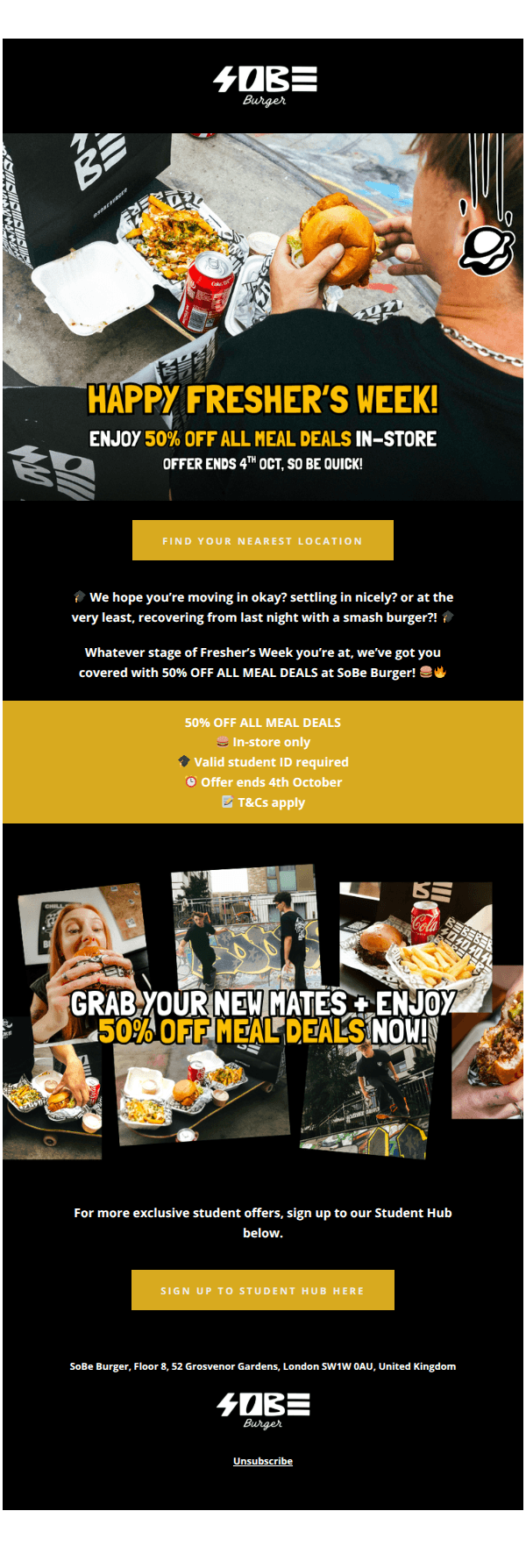 🎓🚨Happy Fresher’s Week! Get 50% OFF all meal deals, until 4th Oct 🍔🔥